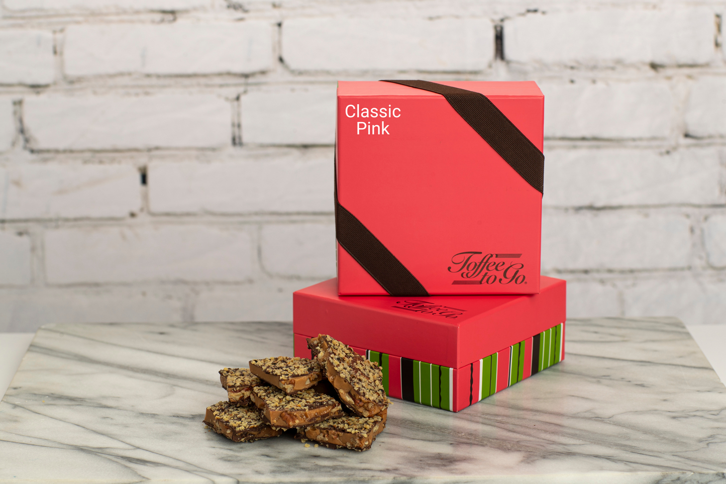 Classic Pink and Brown box with Dark Chocolate Pecan Toffee stack