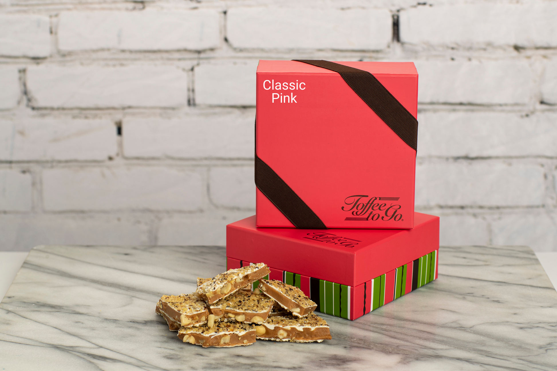 Classic Pink and Brown box with White Chocolate Macadamia Nut Toffee